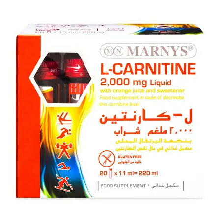 marnys l-carnitine 2000 mg liquid 2000mg Orange Flavor - 20 x 11ml Marnys 2 Packs L-Carnitine 2000