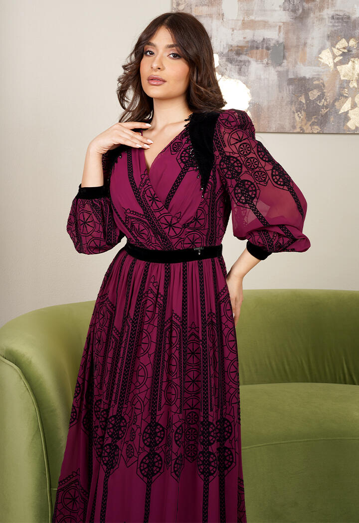 فستان استقبال شيفون مطبوع مع حزام مخملي image 2