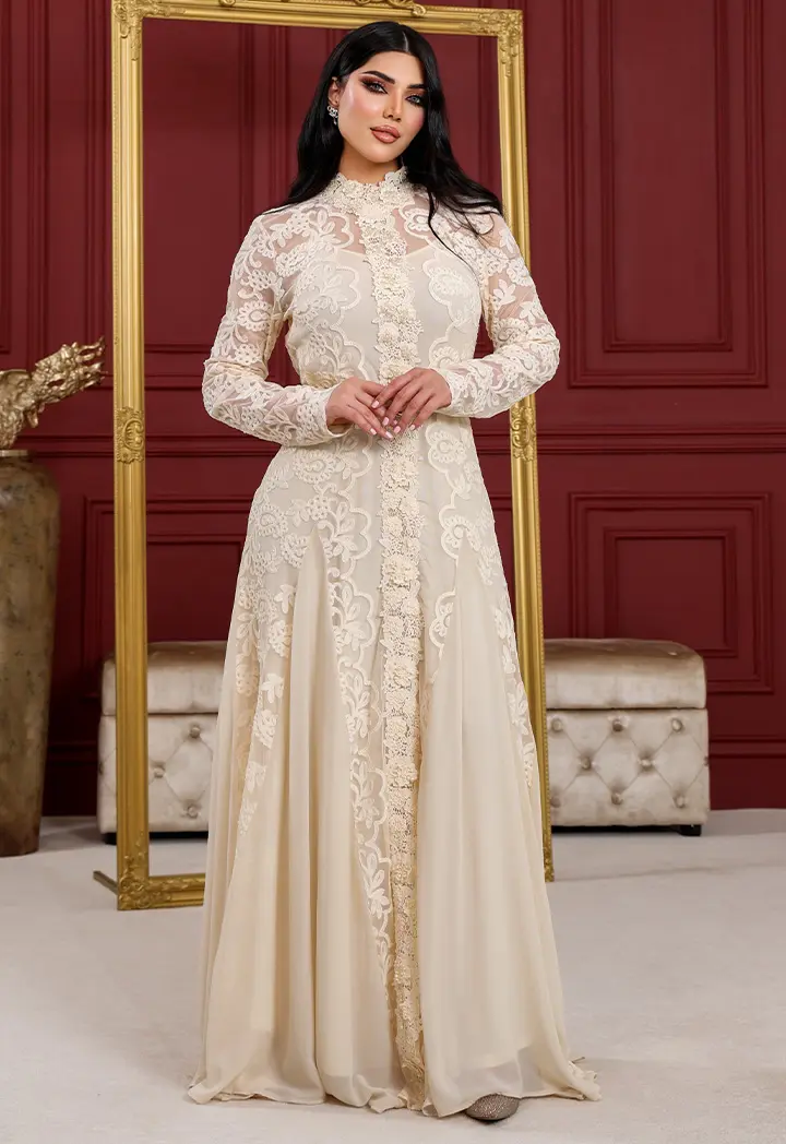 lace evening dress with sleeves One Shoulder A-line Gown