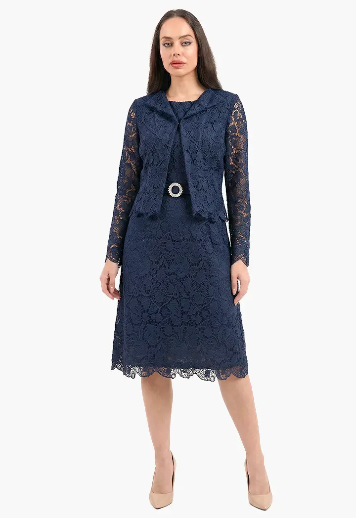 navy blue lace dress with jacket Two-Piece Lace Jacket Chiffon Mother of Bride Dress