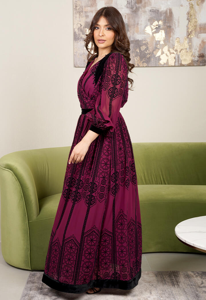 فستان استقبال شيفون مطبوع مع حزام مخملي image 5