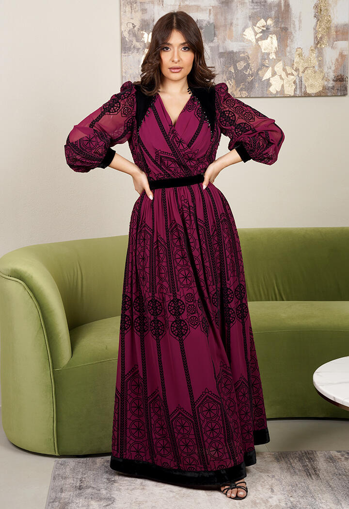 فستان استقبال شيفون مطبوع مع حزام مخملي image 0