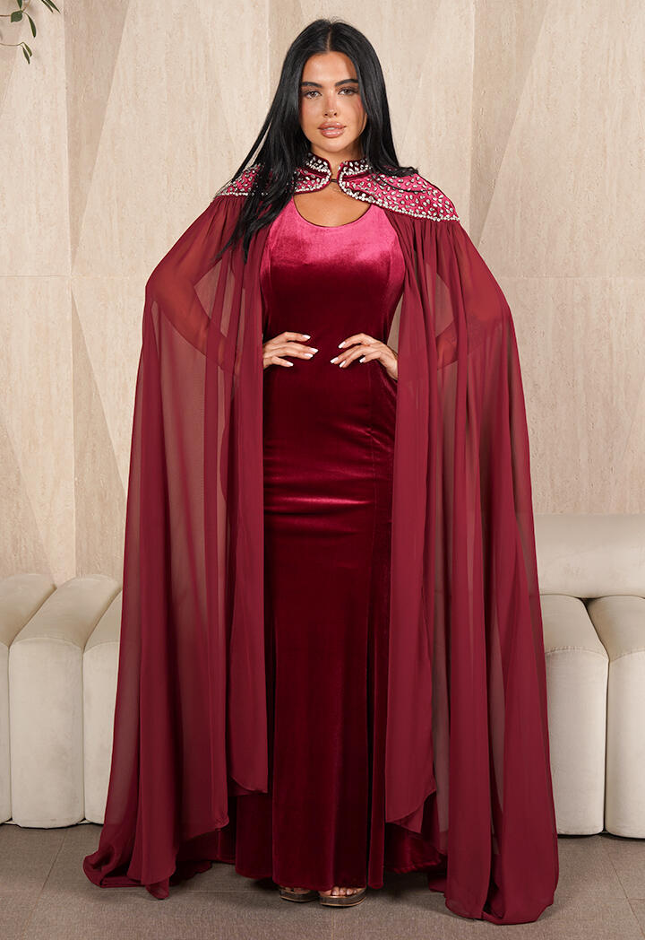 فستان طويل مخمل بأكمام كاب image 0