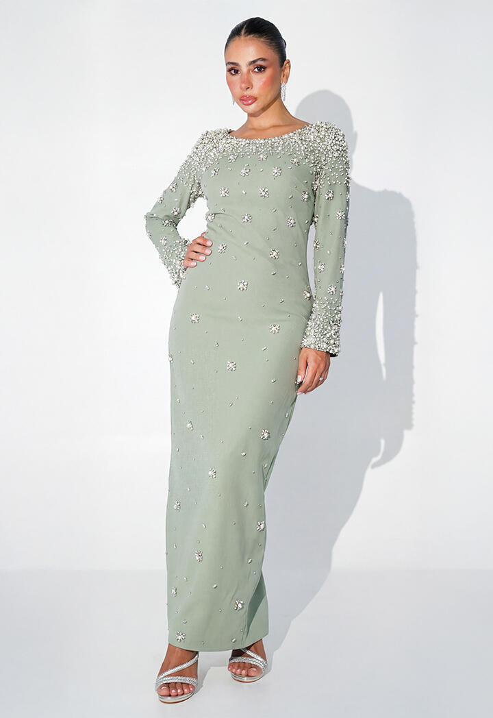 Pearl Embellished Long Evening Dress  Boat Neck Gown | List Roma Saudi