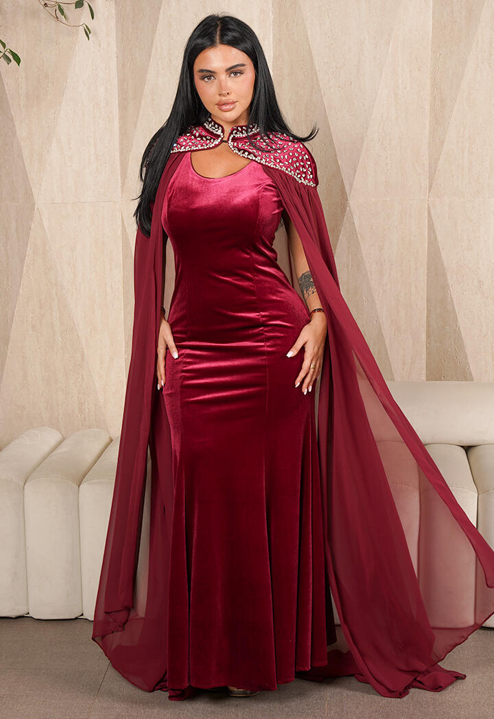 فستان طويل مخمل بأكمام كاب image 3