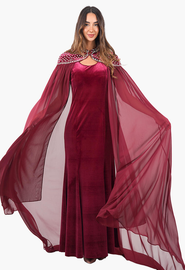 فستان طويل مخمل بأكمام كاب image 5