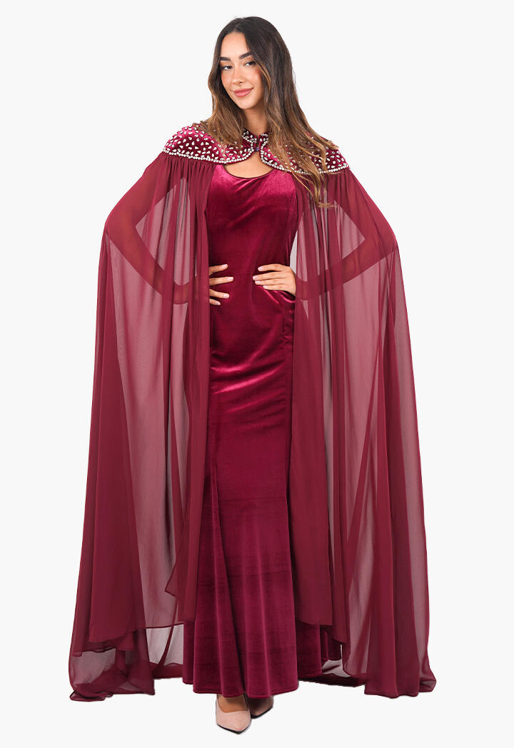 فستان طويل مخمل بأكمام كاب image 4