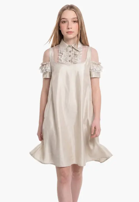 A flowing dress with off-the-shoulder sleeves and lace details. image 0