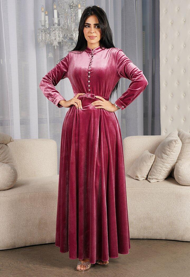 فستان مخمل بأزرار على الصدر image 0