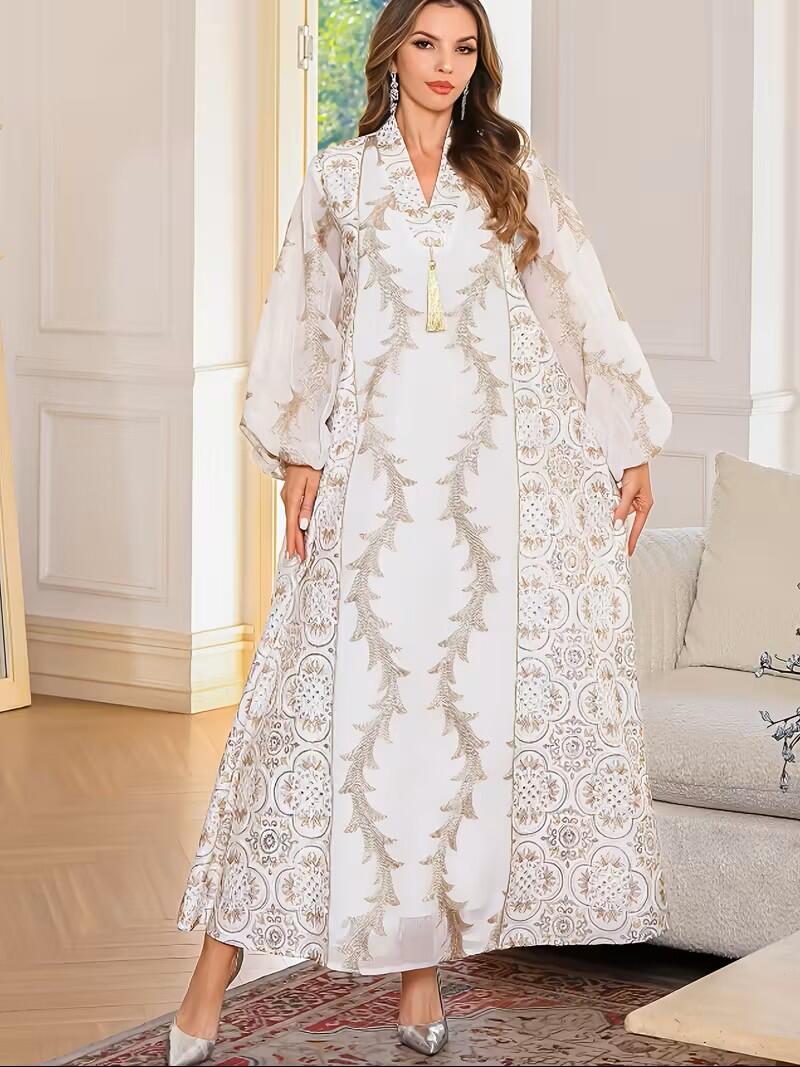 New Heavy-Embroidered Mesh Abaya  Middle Eastern Ethnic Dress