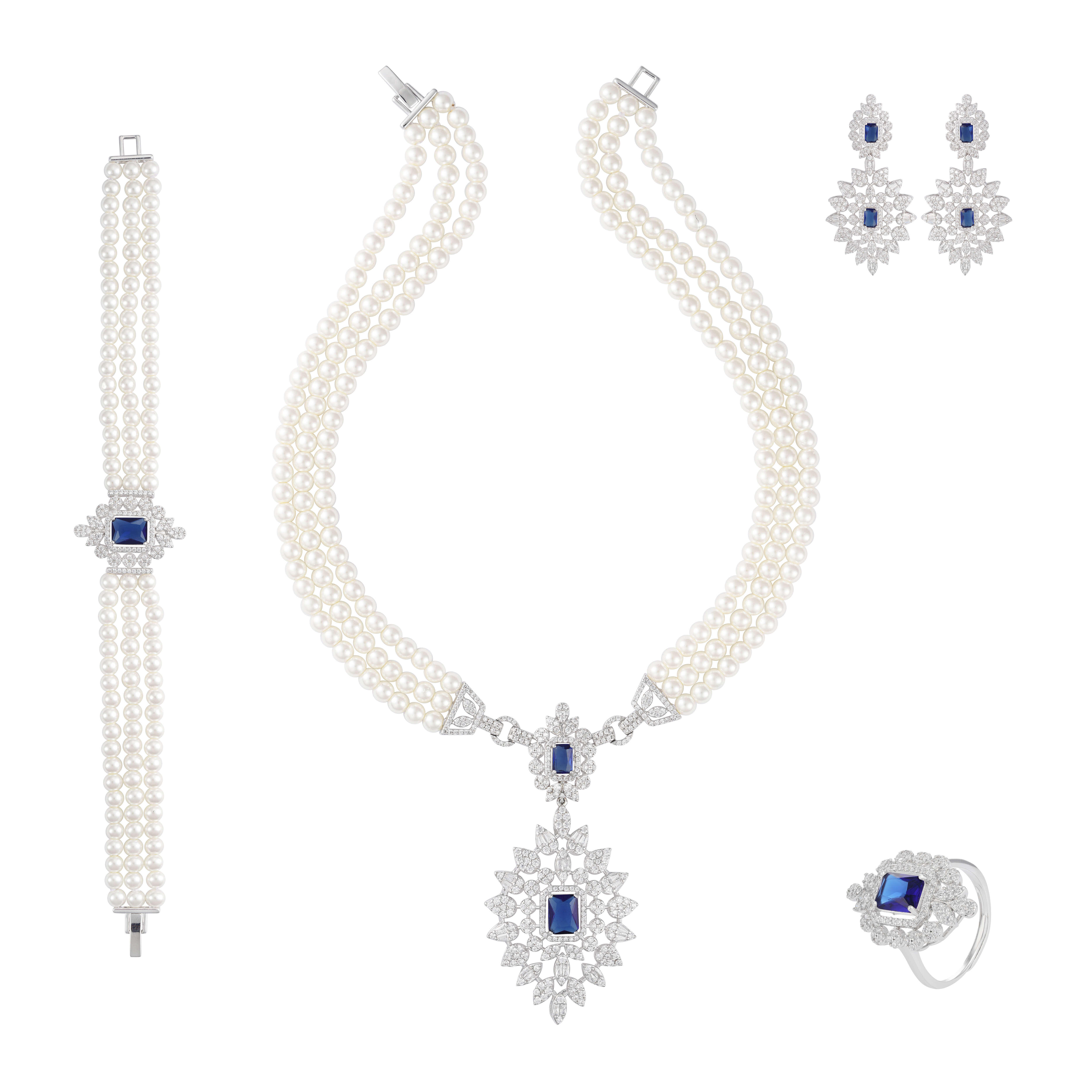 طقم لؤلؤ شرقي حديث - Silver Dark Blue - 0 image 0