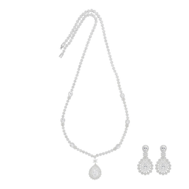 Silver Toned Pear Necklace Set image 0