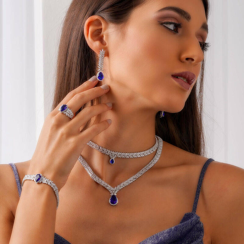 طقم سنبلة وكمثرى ملونة - Silver Dark Blue - 0 image 0