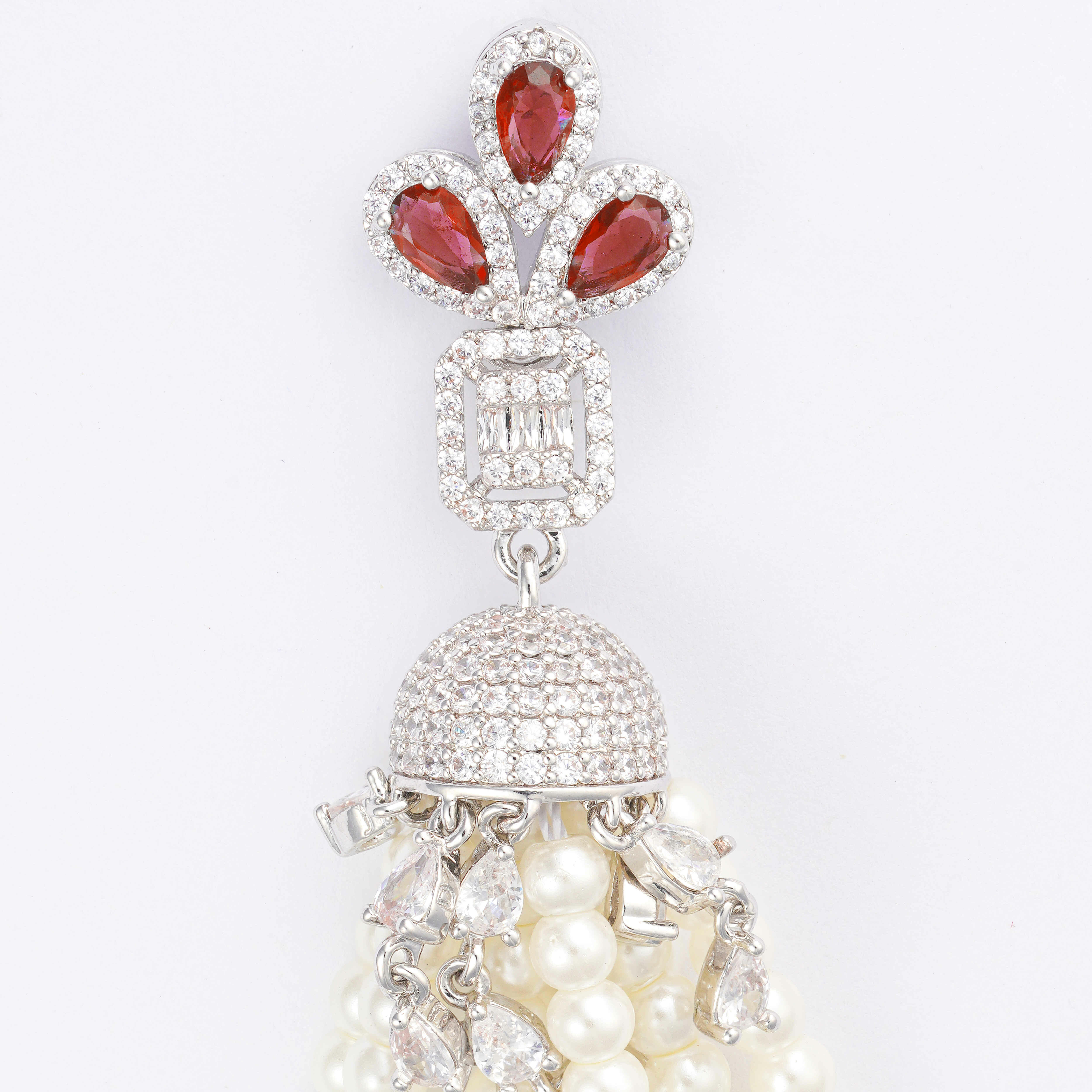 Silver Toned Pearl Earrings-Wine Reddish image 1