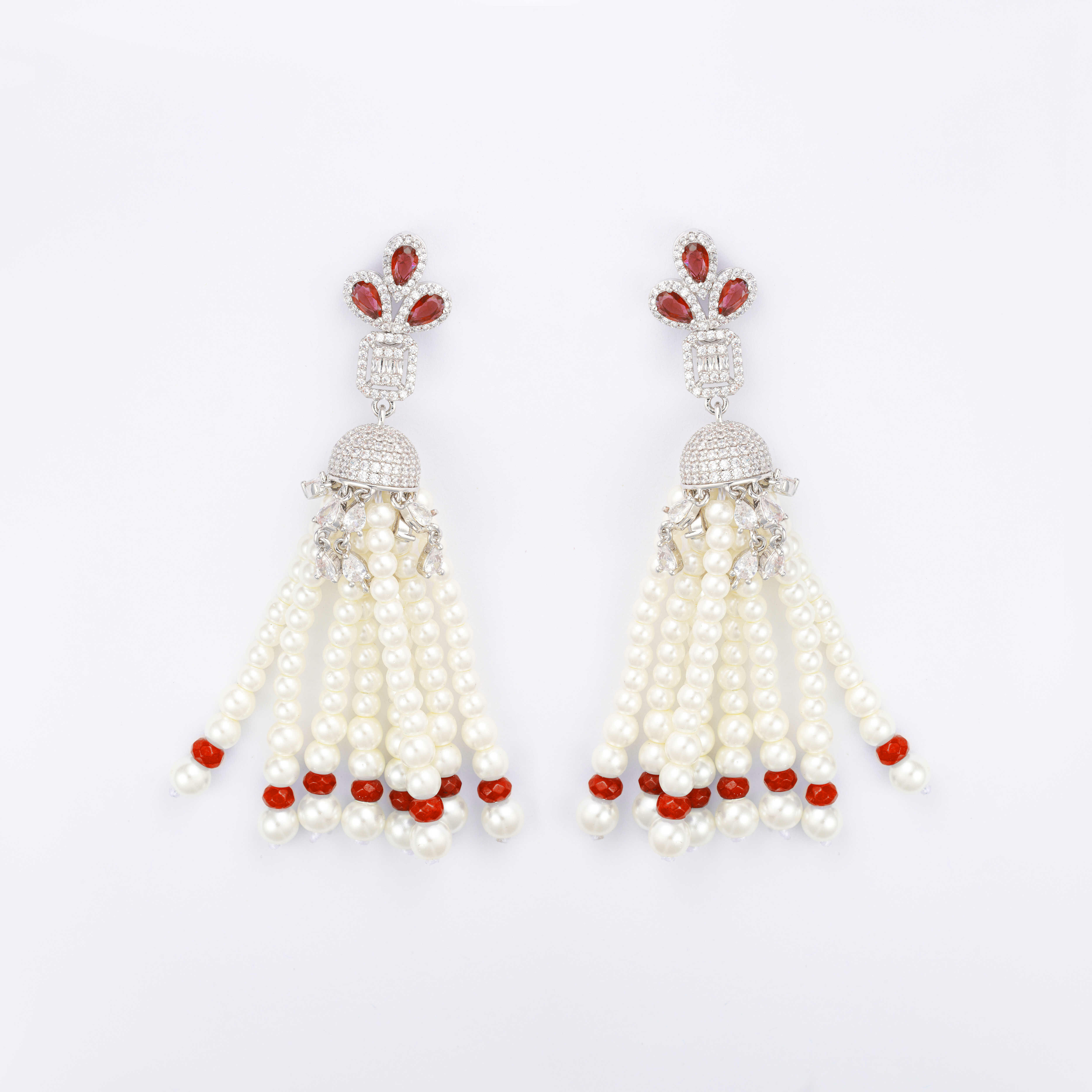 Silver Toned Pearl Earrings-Wine Reddish image 0