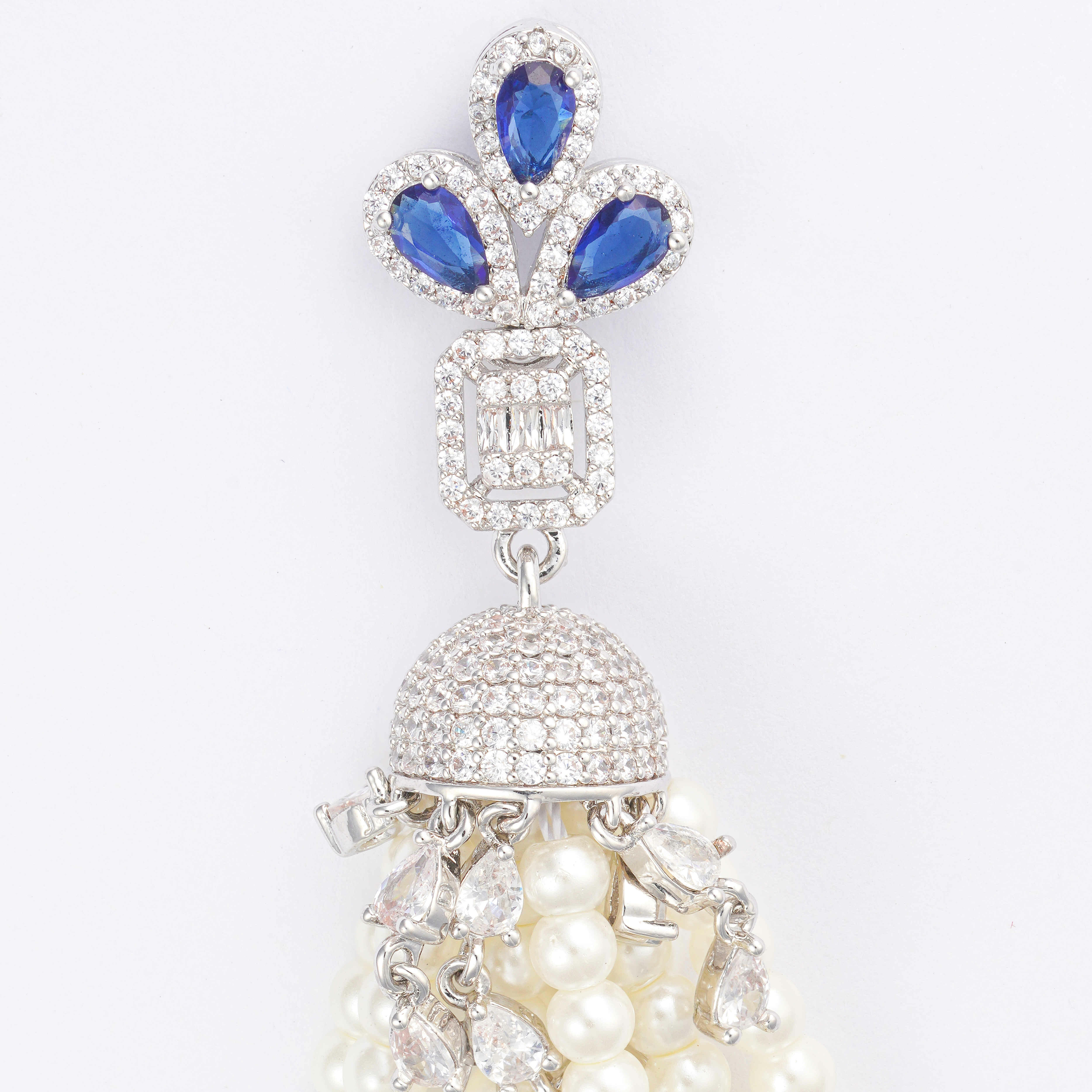 Silver Toned Pearl Earrings-Navy image 1