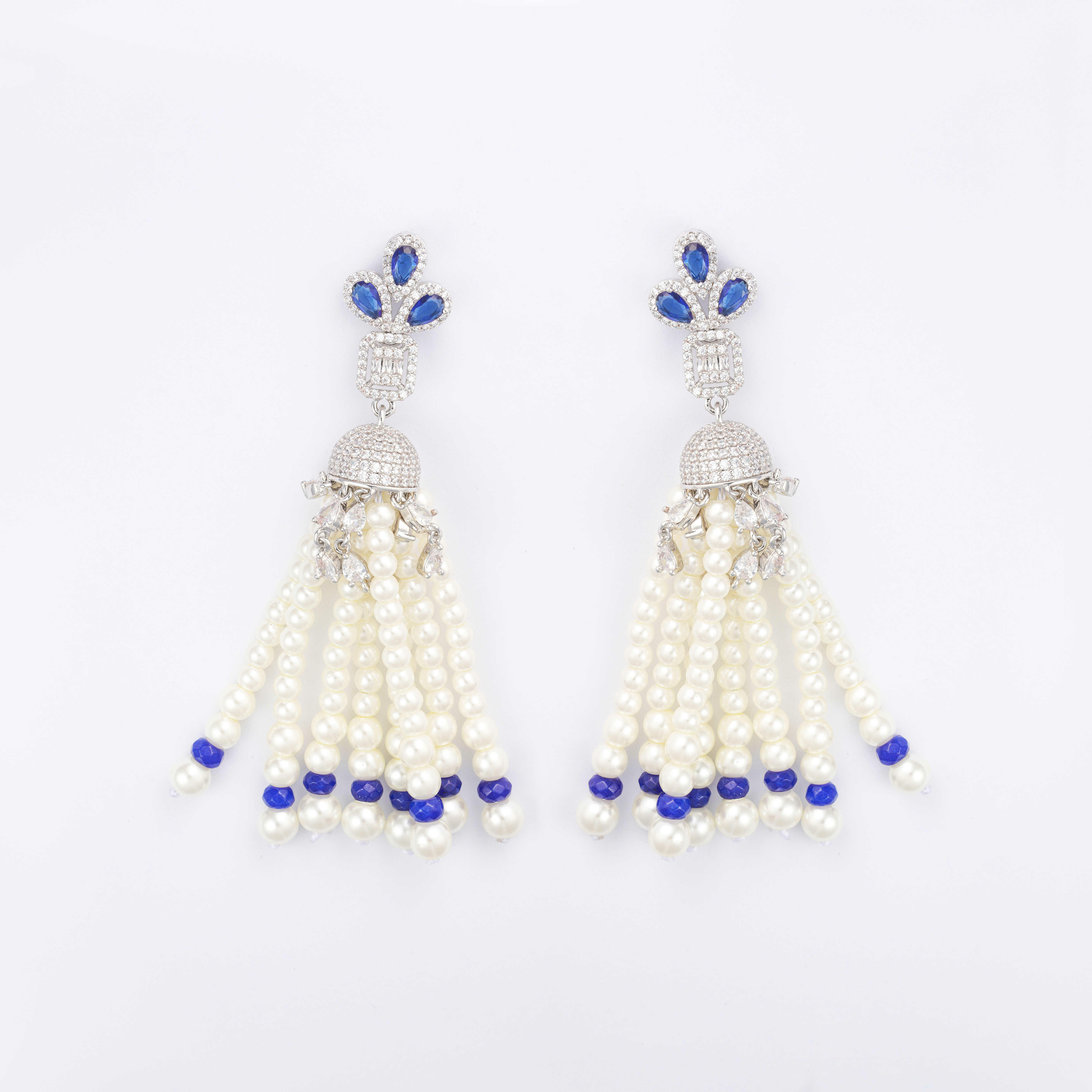 Silver Toned Pearl Earrings-Navy image 0