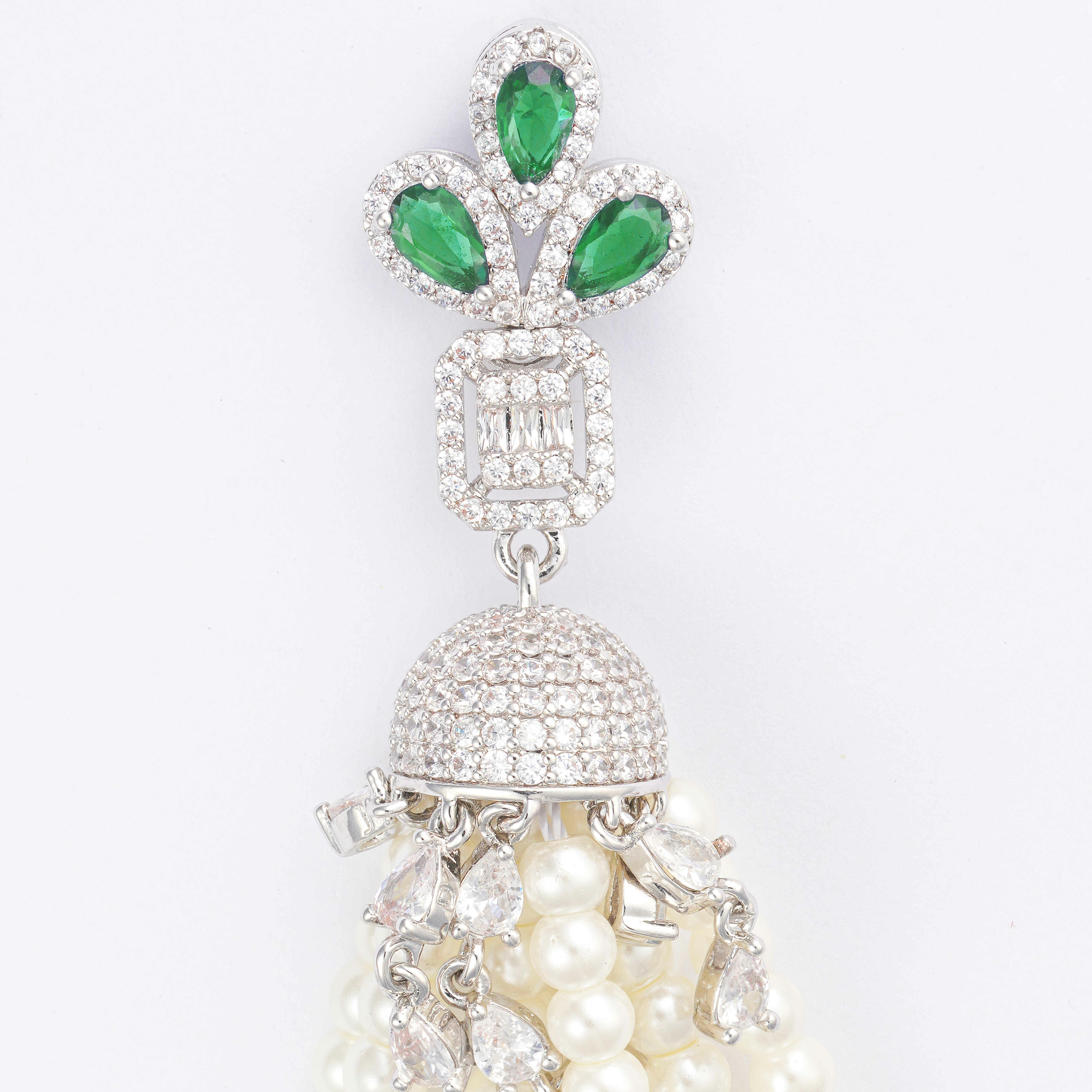 Silver Toned Pearl Earrings-Green image 1