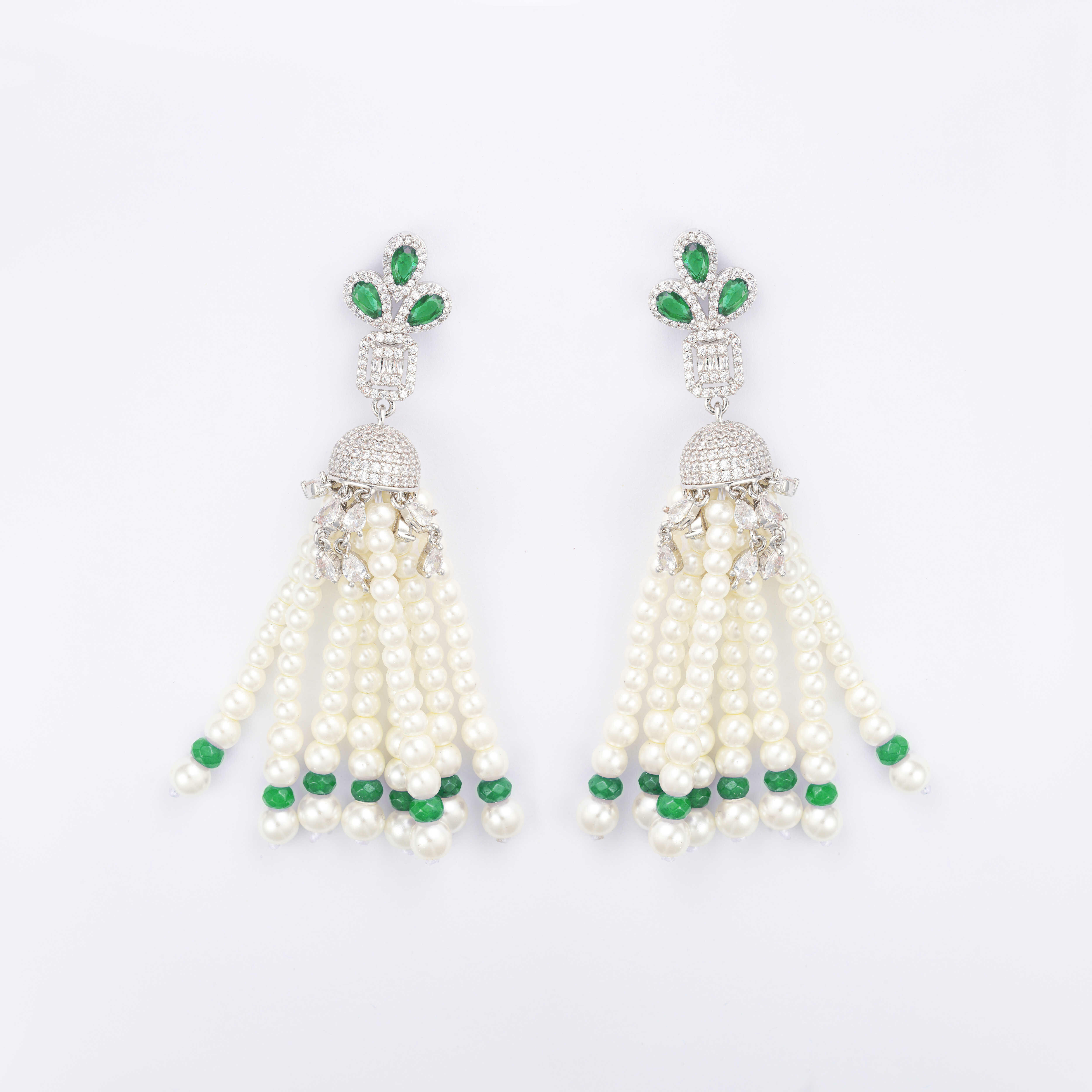 Silver Toned Pearl Earrings-Green image 0