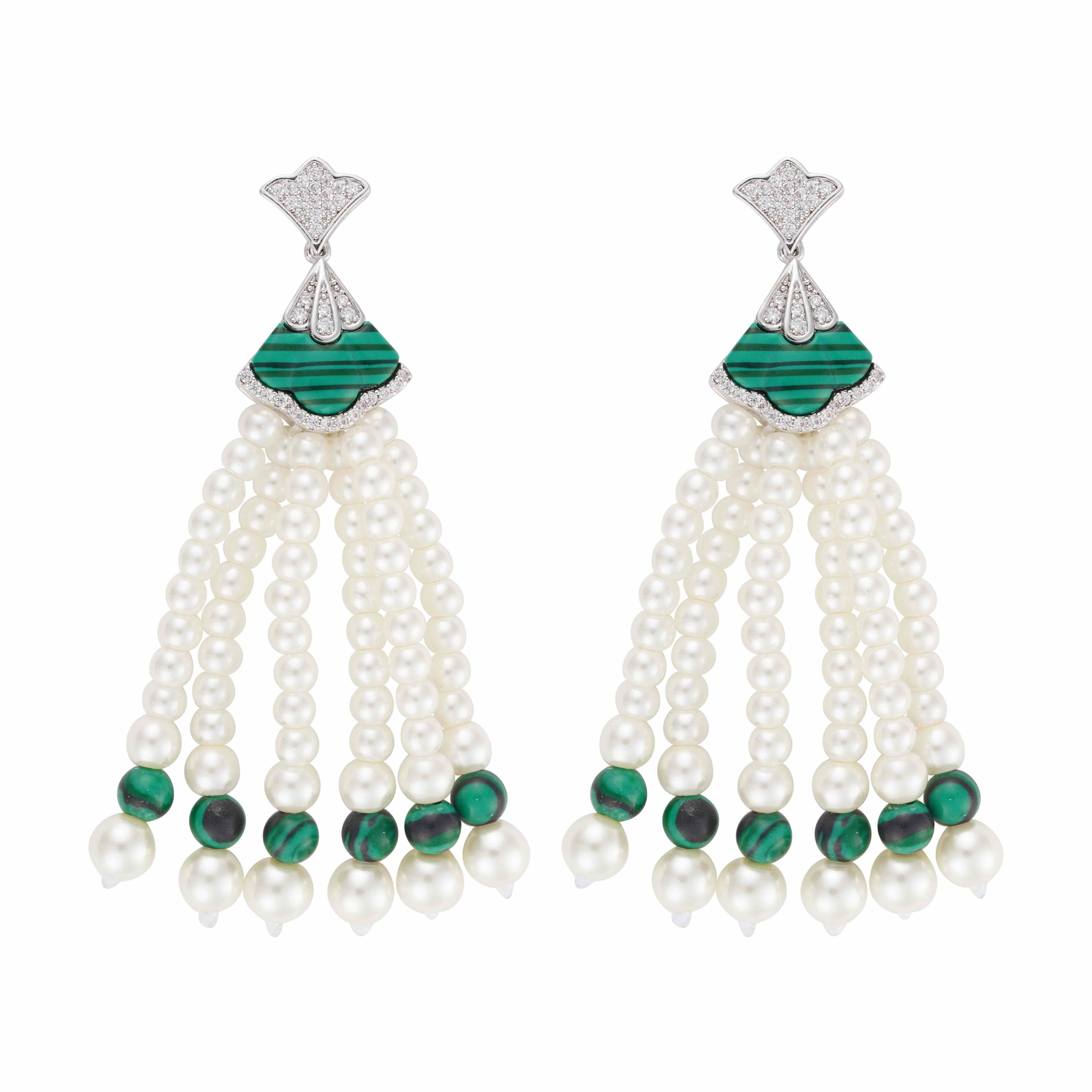 Silver Toned Pearl Earrings-Green image 0
