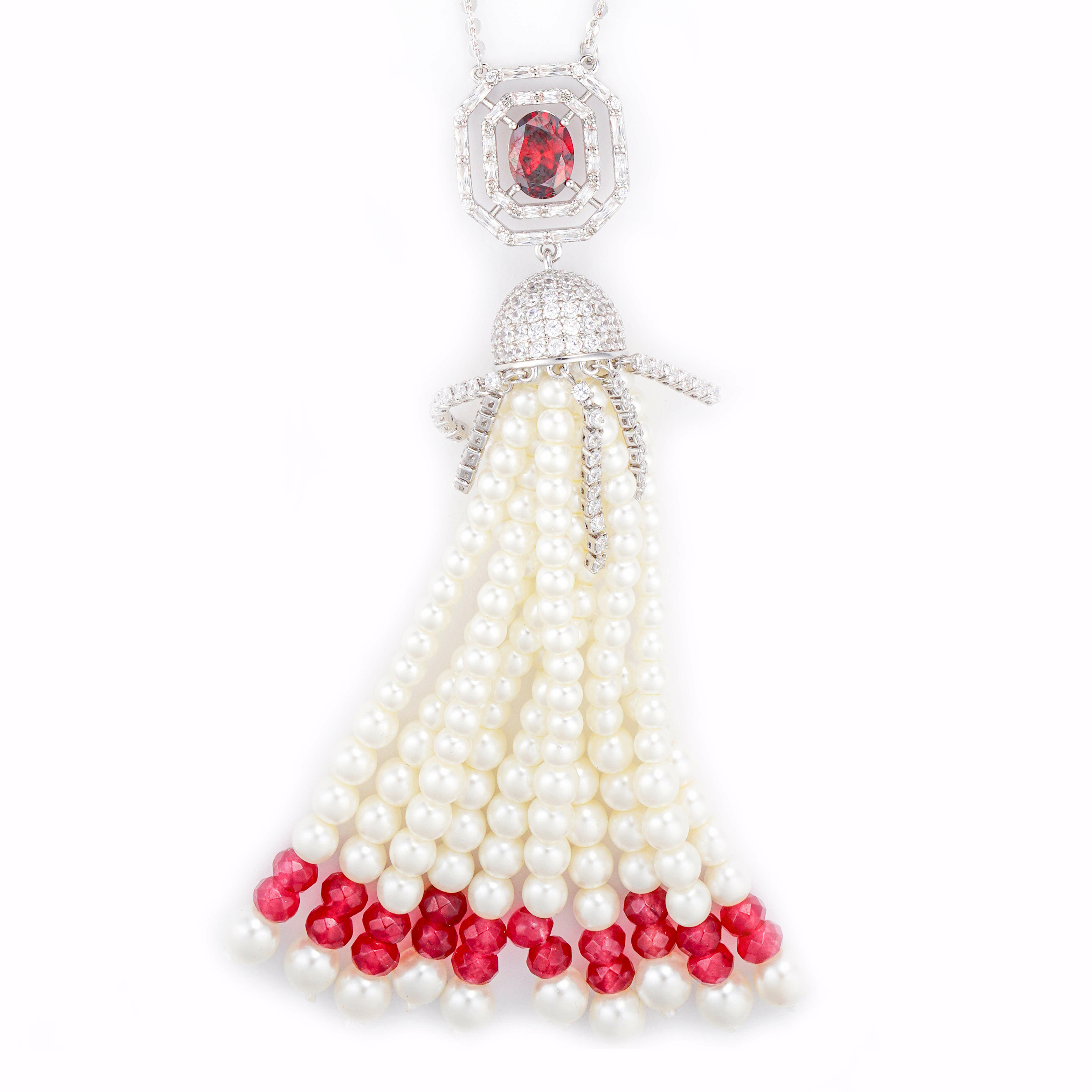 Silver Toned Pearl Necklace-Wine Reddish image 1