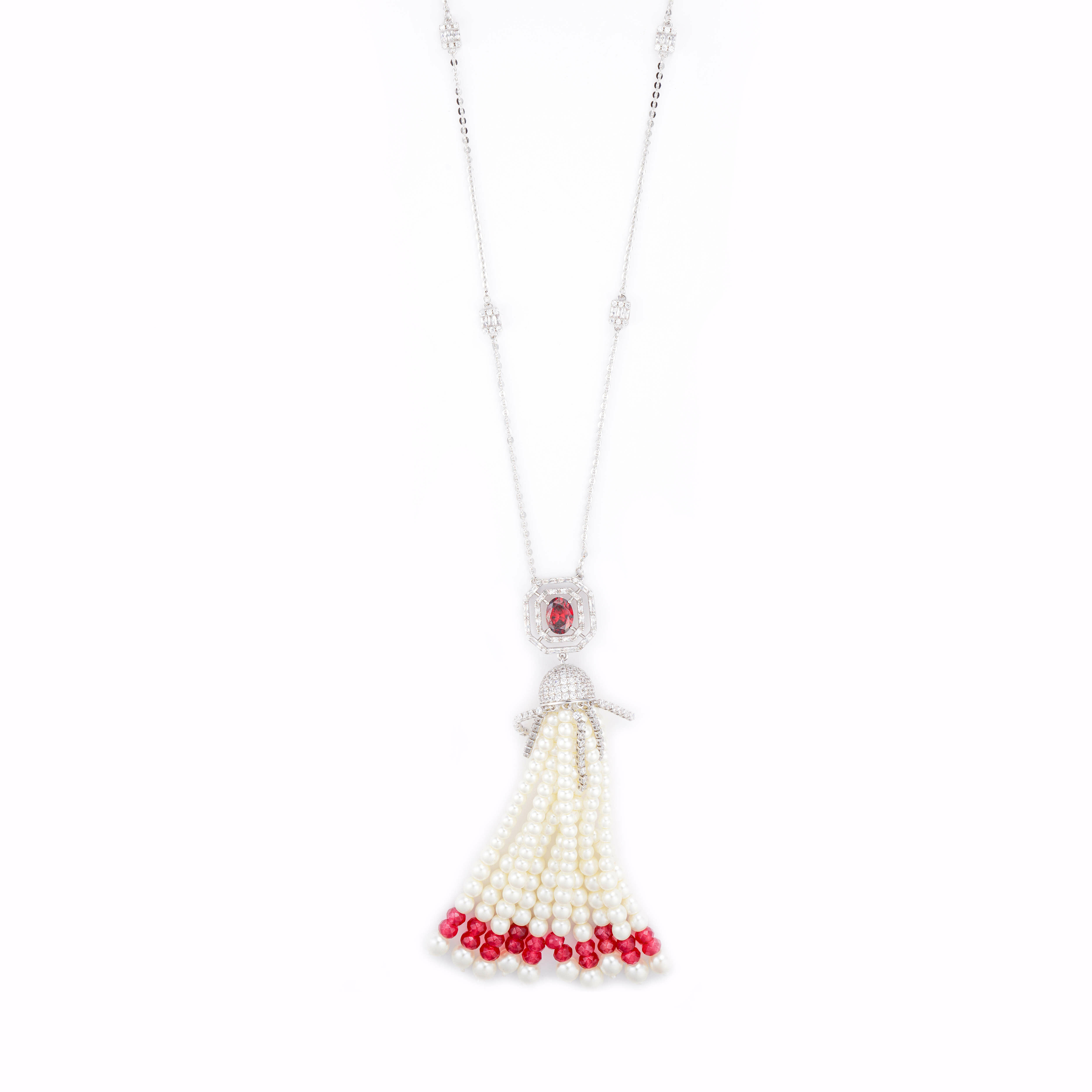 Silver Toned Pearl Necklace-Wine Reddish image 0