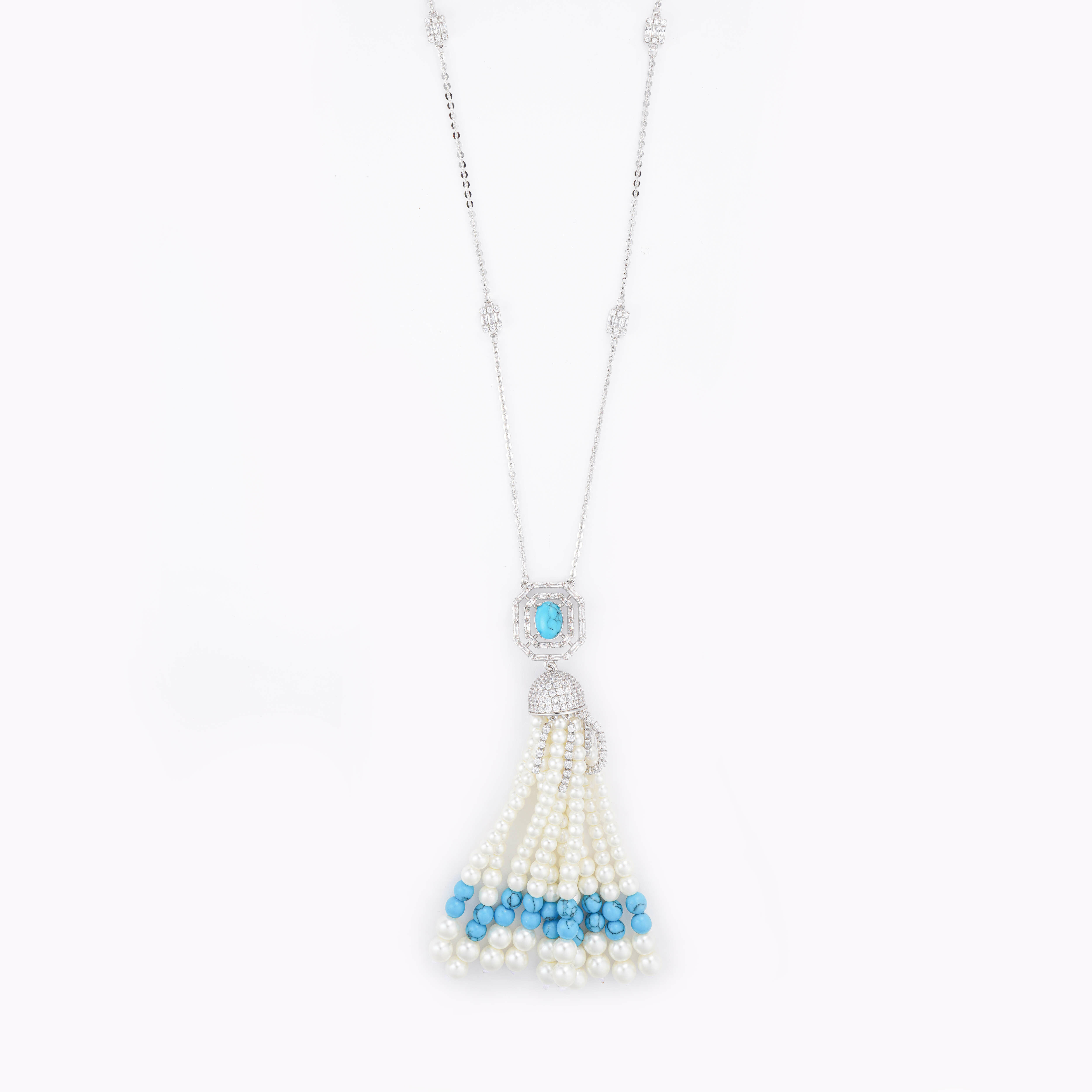 Silver Toned Pearl Necklace-Turquoise image 0