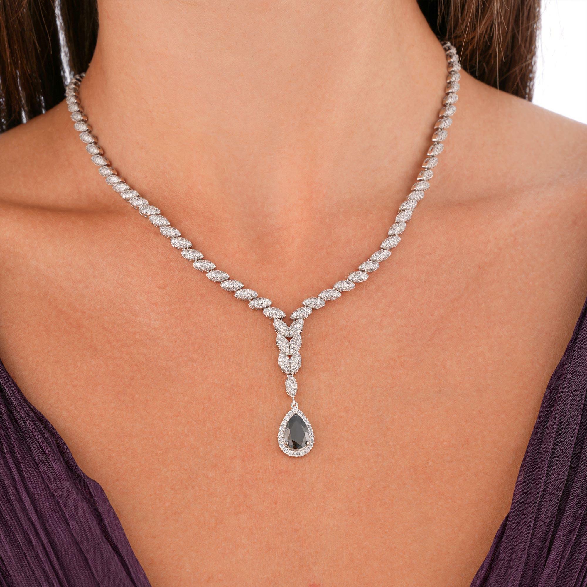 Silver Toned Pear Necklace Set-Black image 1