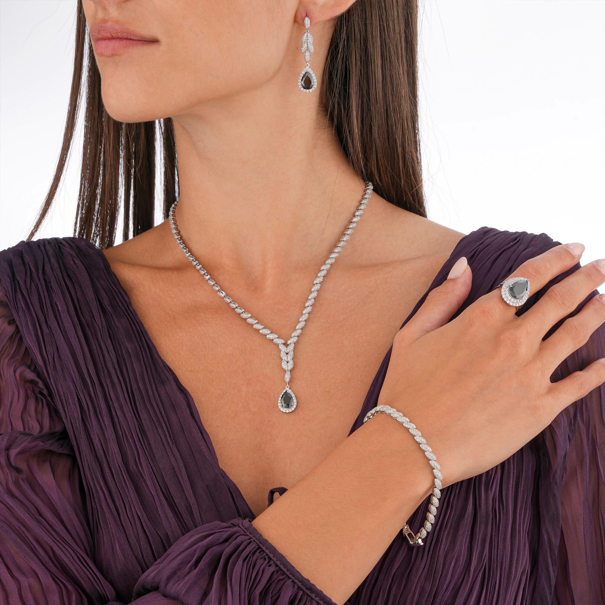 Silver Toned Pear Necklace Set-Black image 0