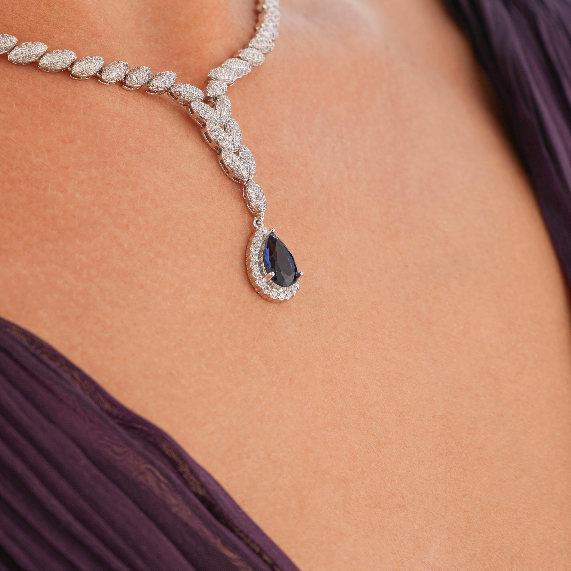 Silver Toned Pear Necklace Set-Navy image 1