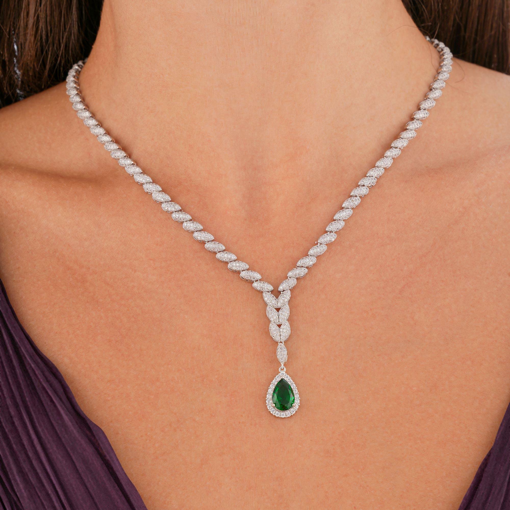 Silver Toned Pear Necklace Set-Green image 1