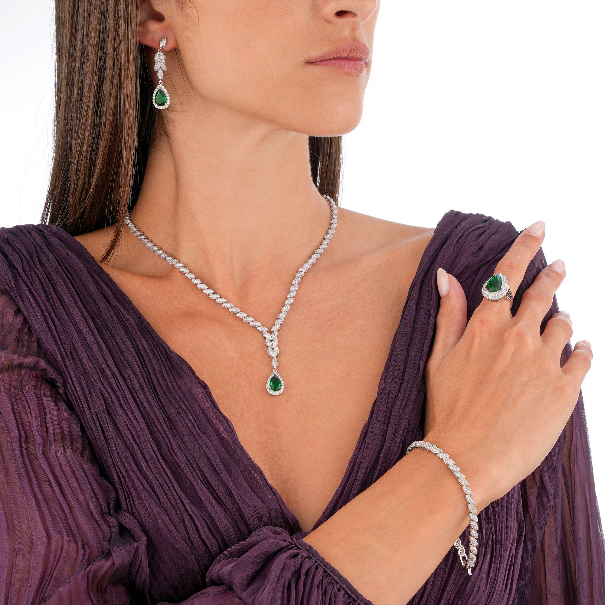 Silver Toned Pear Necklace Set-Green image 0