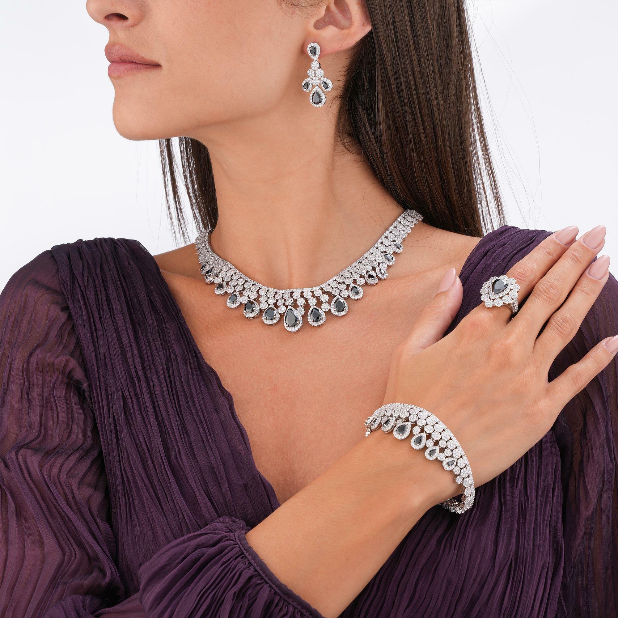 Silver Toned Pear Necklace Set-Black image 0