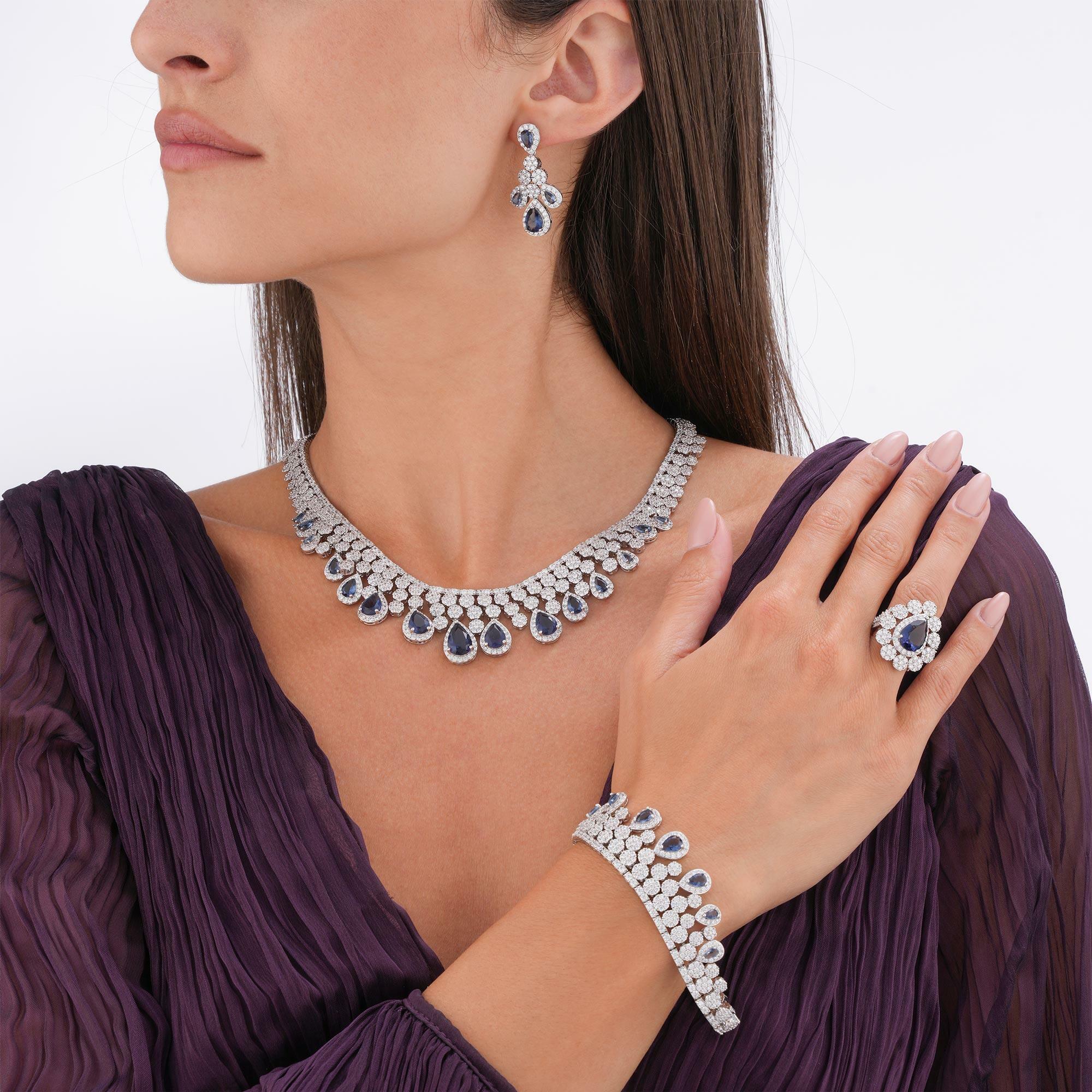 Silver Toned Pear Necklace Set-Navy image 0