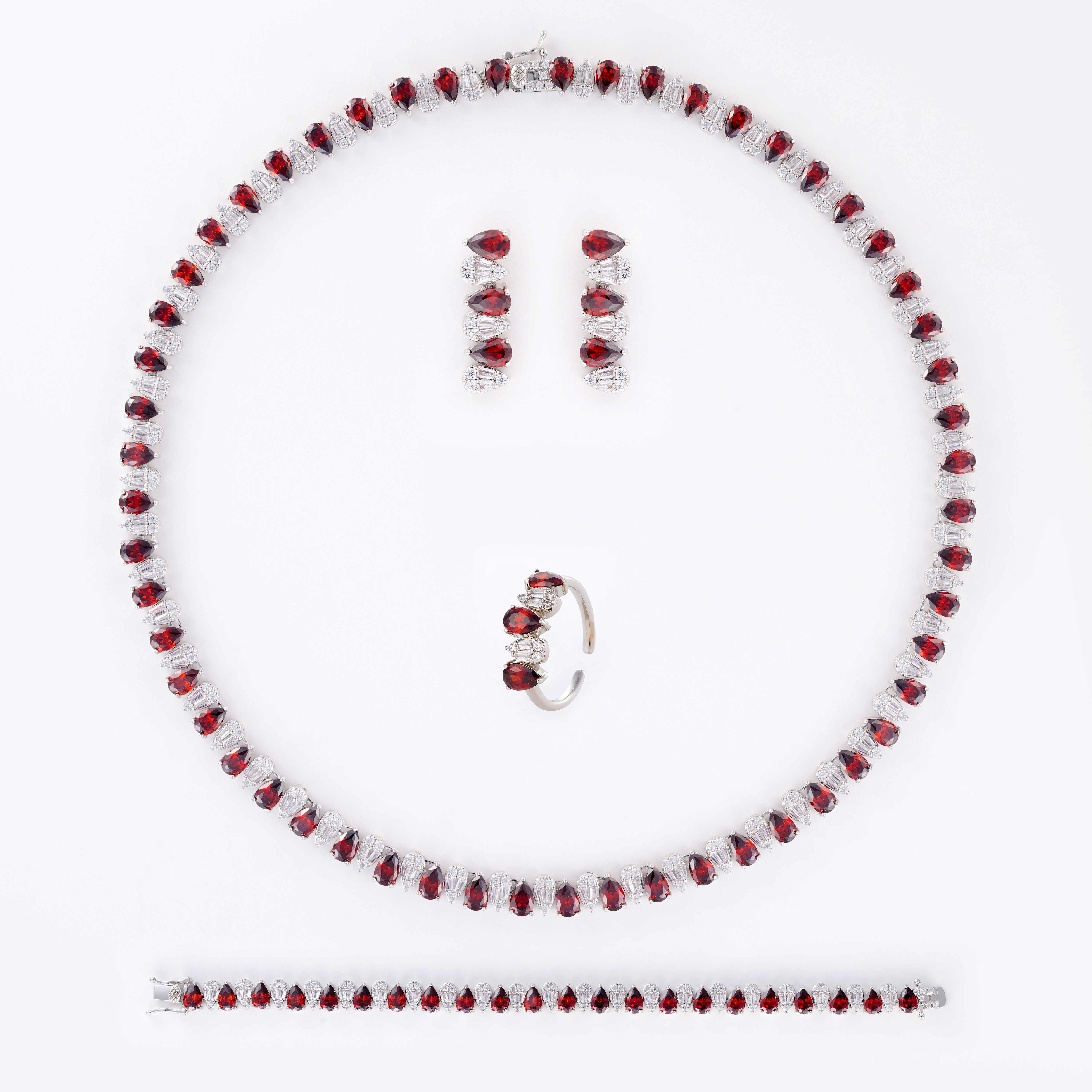 Zircon Necklace Set-Silver/Red image 0