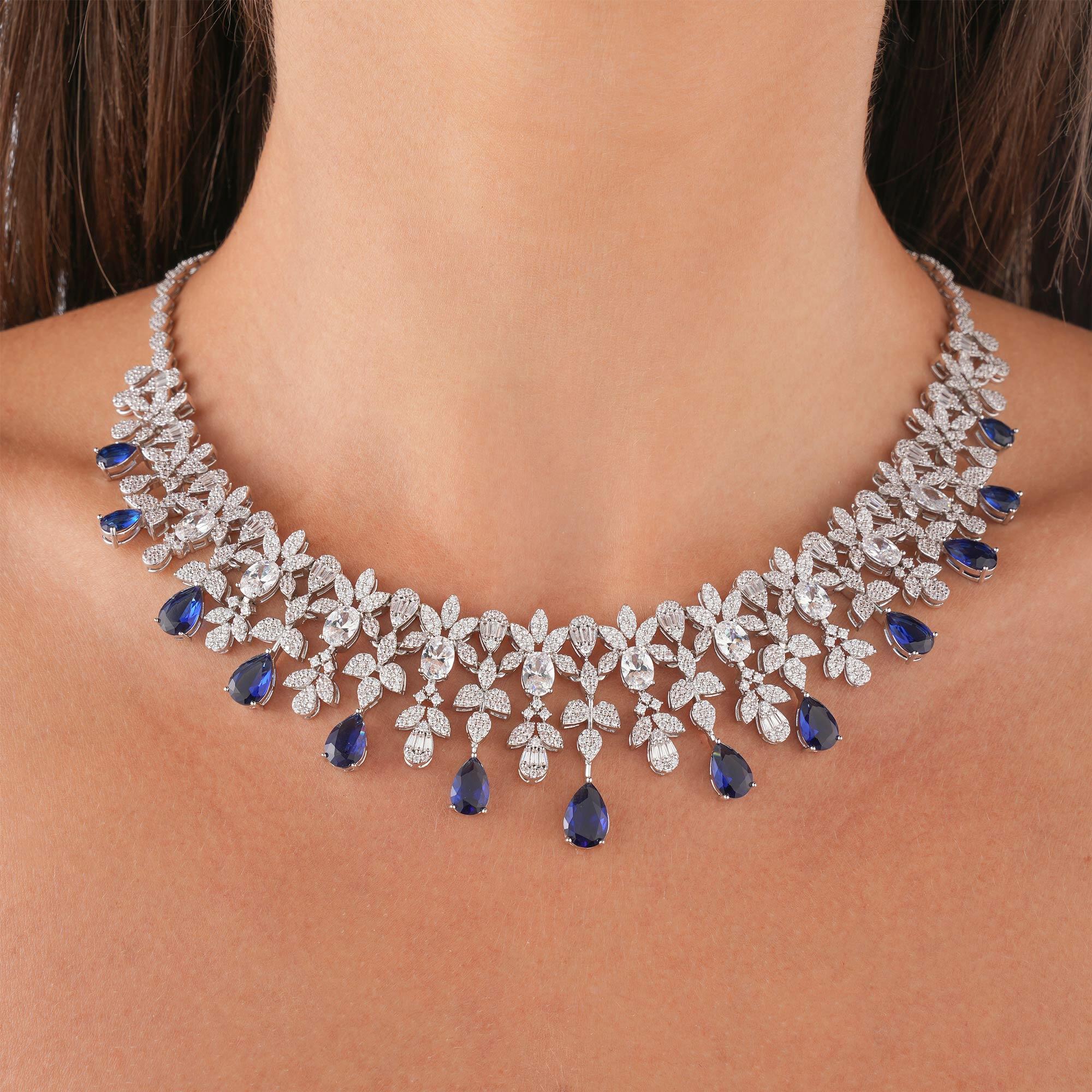 Silver plated Flora Necklace Set-Dark Blue image 2