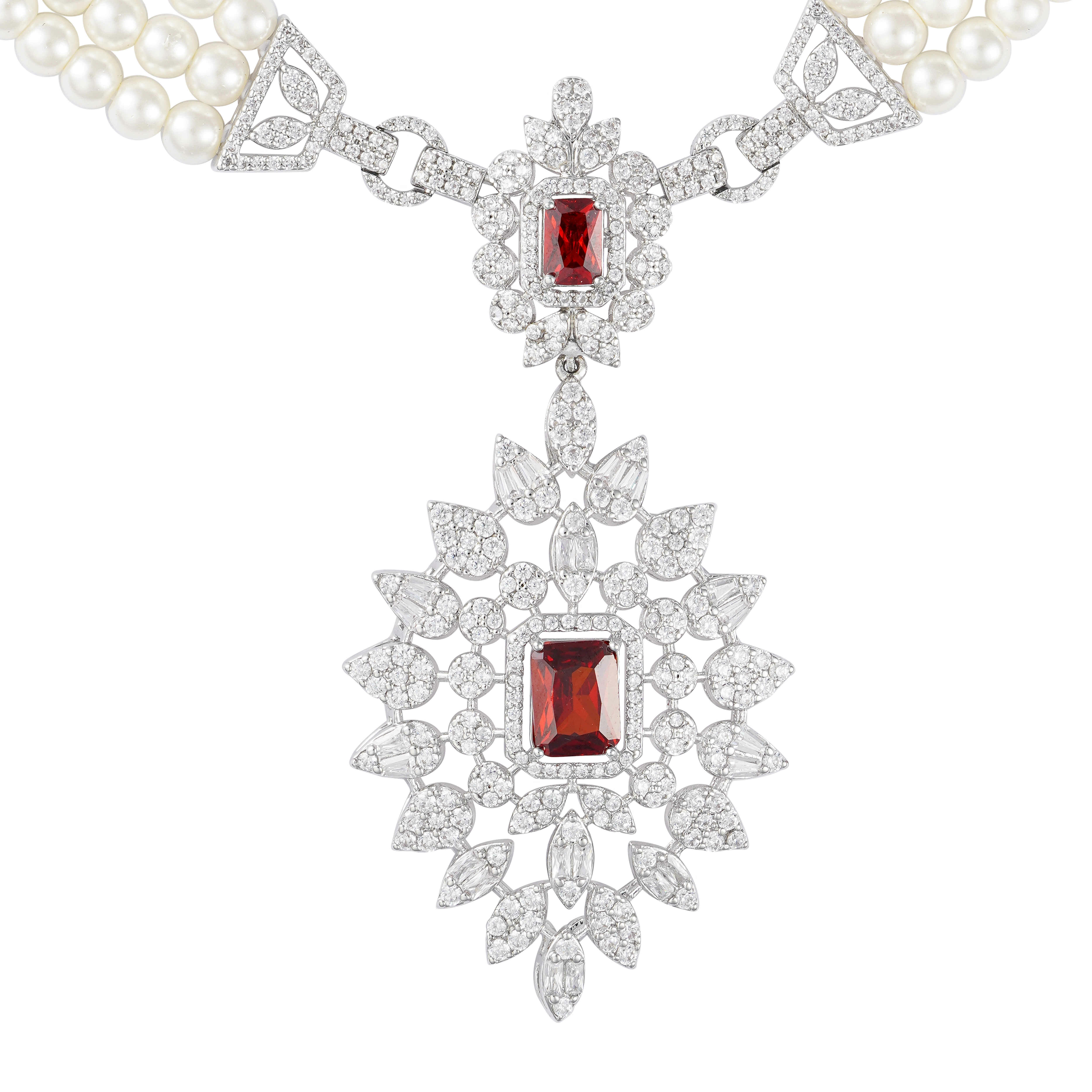 Silver Toned Pearl Necklace Set-Wine Reddish image 1