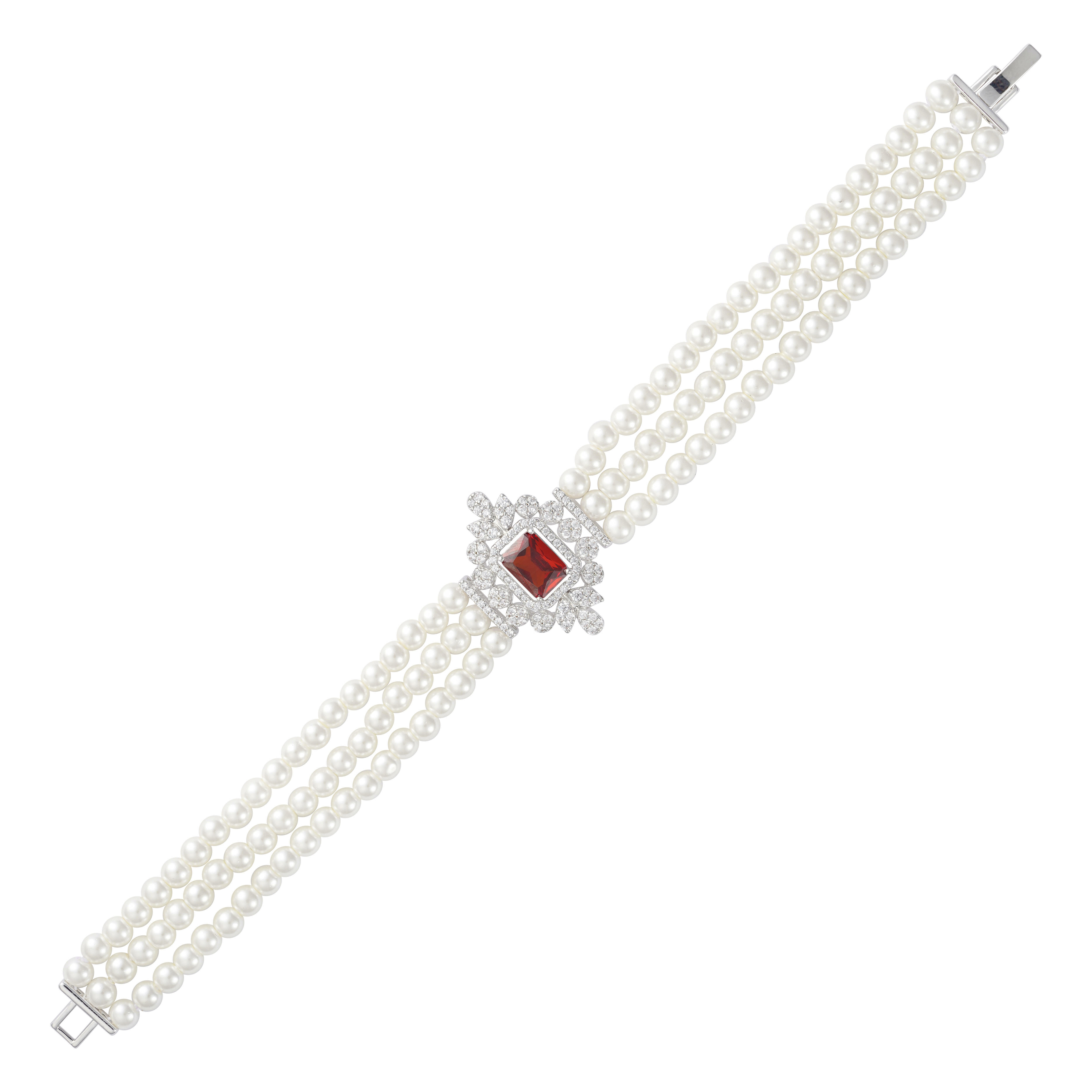 Silver Toned Pearl Necklace Set-Wine Reddish image 5