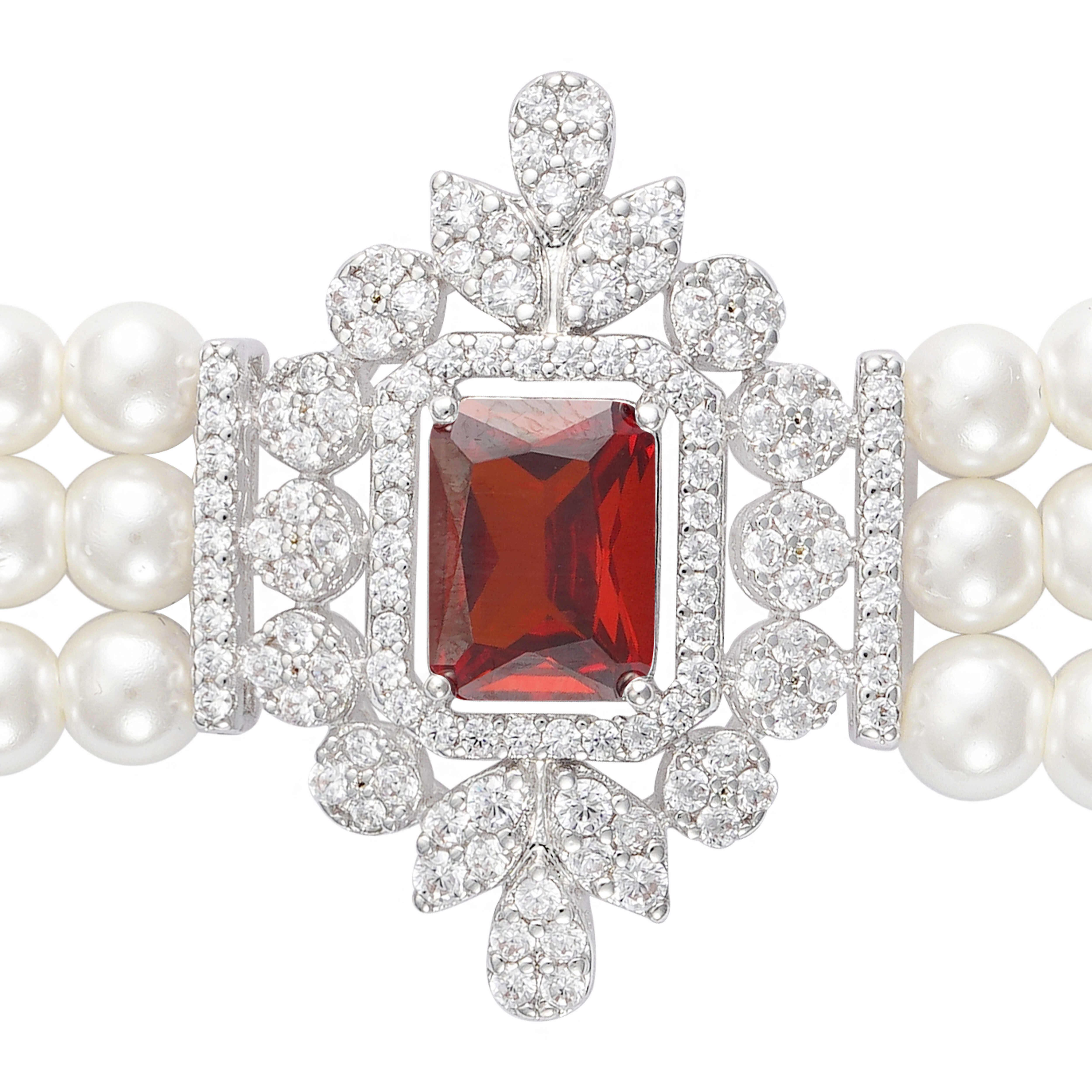 Silver Toned Pearl Necklace Set-Wine Reddish image 6