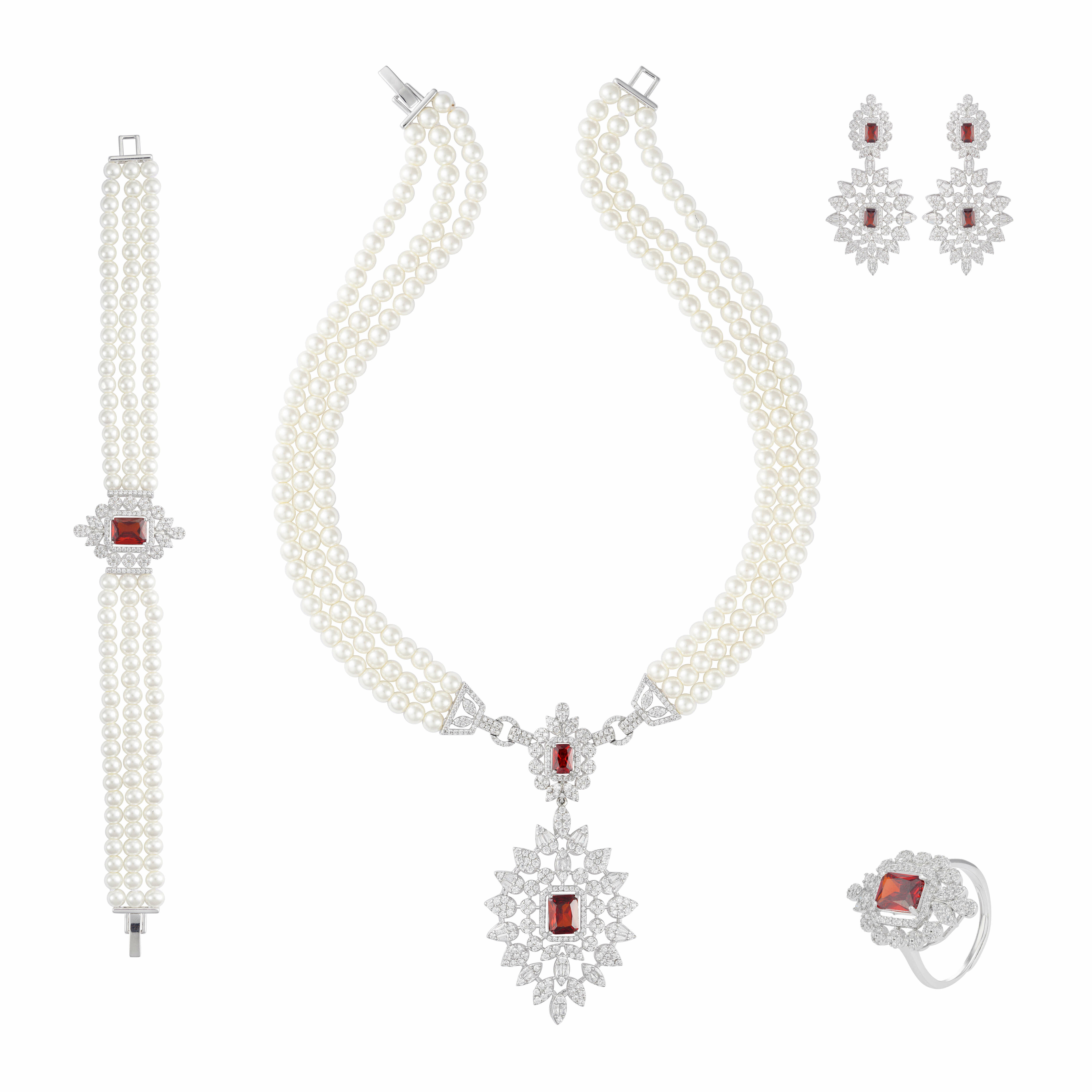 Silver Toned Pearl Necklace Set-Wine Reddish image 0