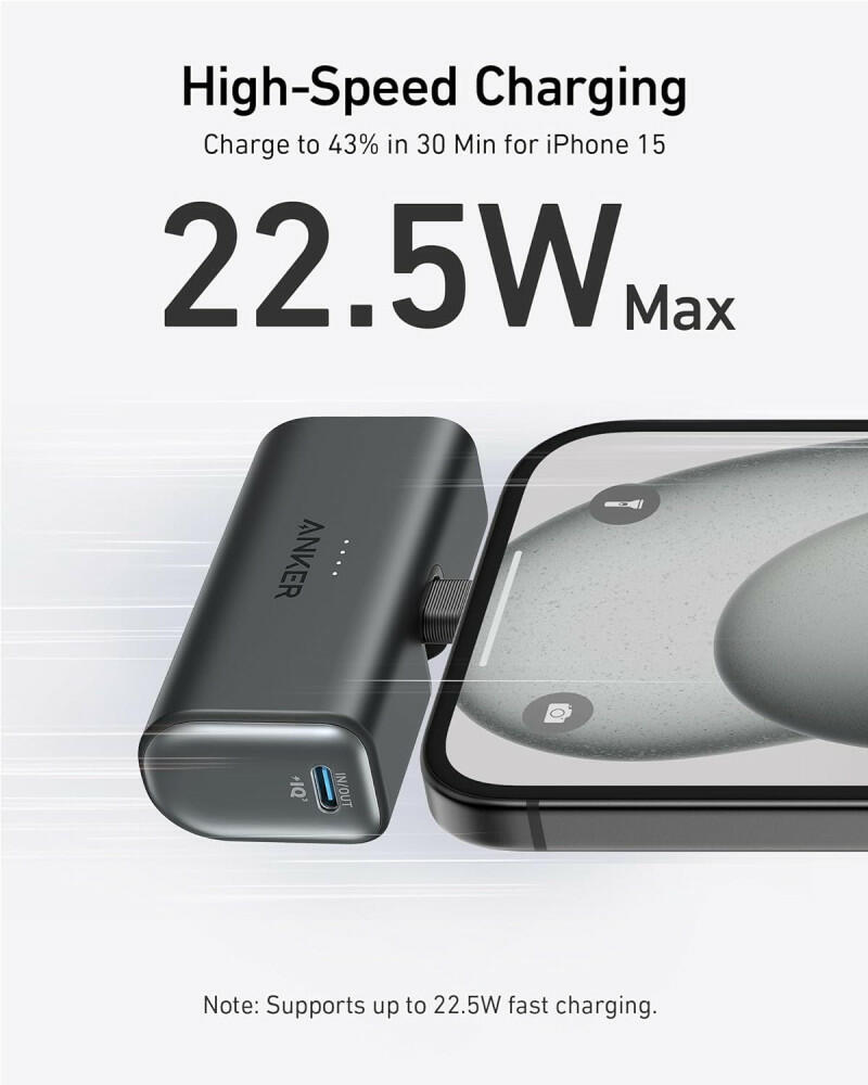 Anker Nano Power Bank with Built-in Foldable USB-C 5,000mAh Portable Charger 22.5W - Black image 1