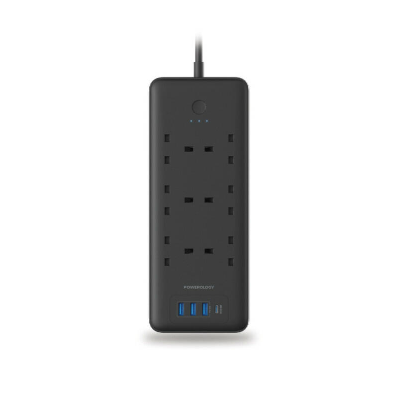 محول من باور لوجي ب6 منافذ بلاك و3 منافذ يو اس بي و منفذ تايب سي بقوه 48 واط Powerology 48W 6AC 1x PD USB-C and 3x QC USB-A Power image 0