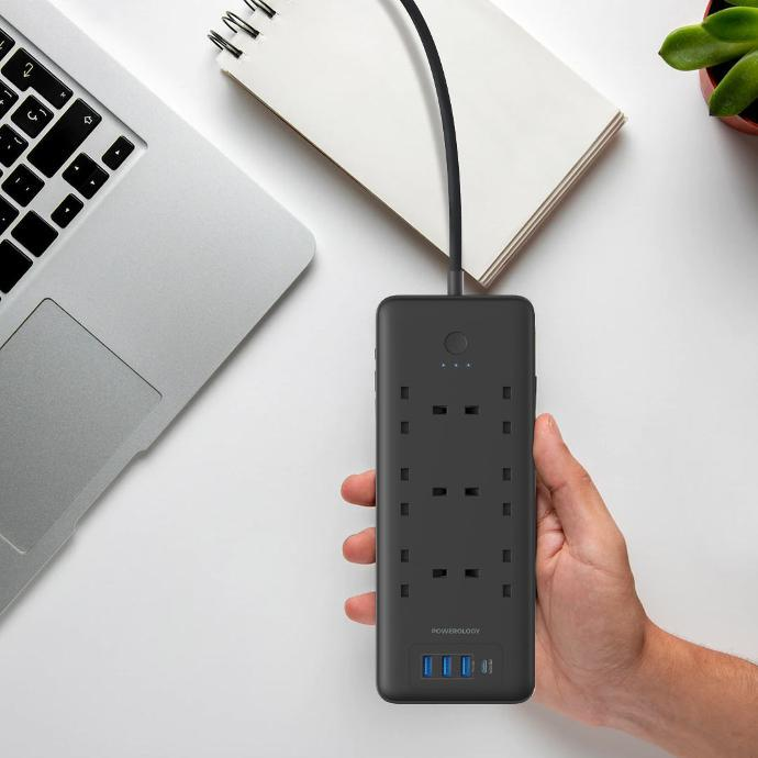 محول من باور لوجي ب6 منافذ بلاك و3 منافذ يو اس بي و منفذ تايب سي بقوه 48 واط Powerology 48W 6AC 1x PD USB-C and 3x QC USB-A Power image 2