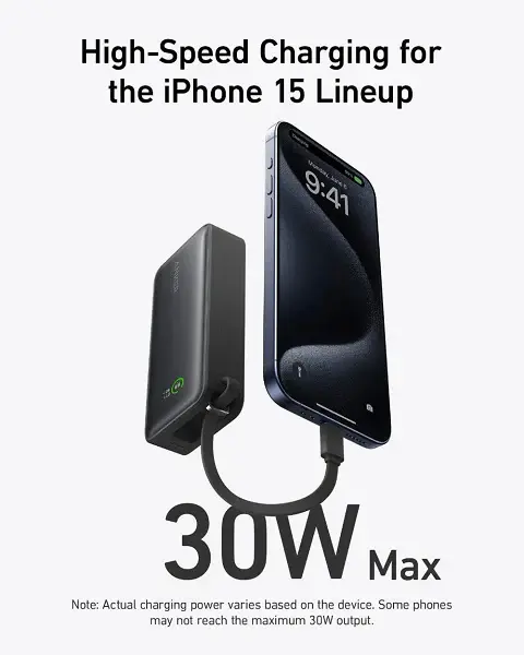 Anker Nano Power Bank (30W, Built-In USB-C Cable) 10000 PD -Black image 1