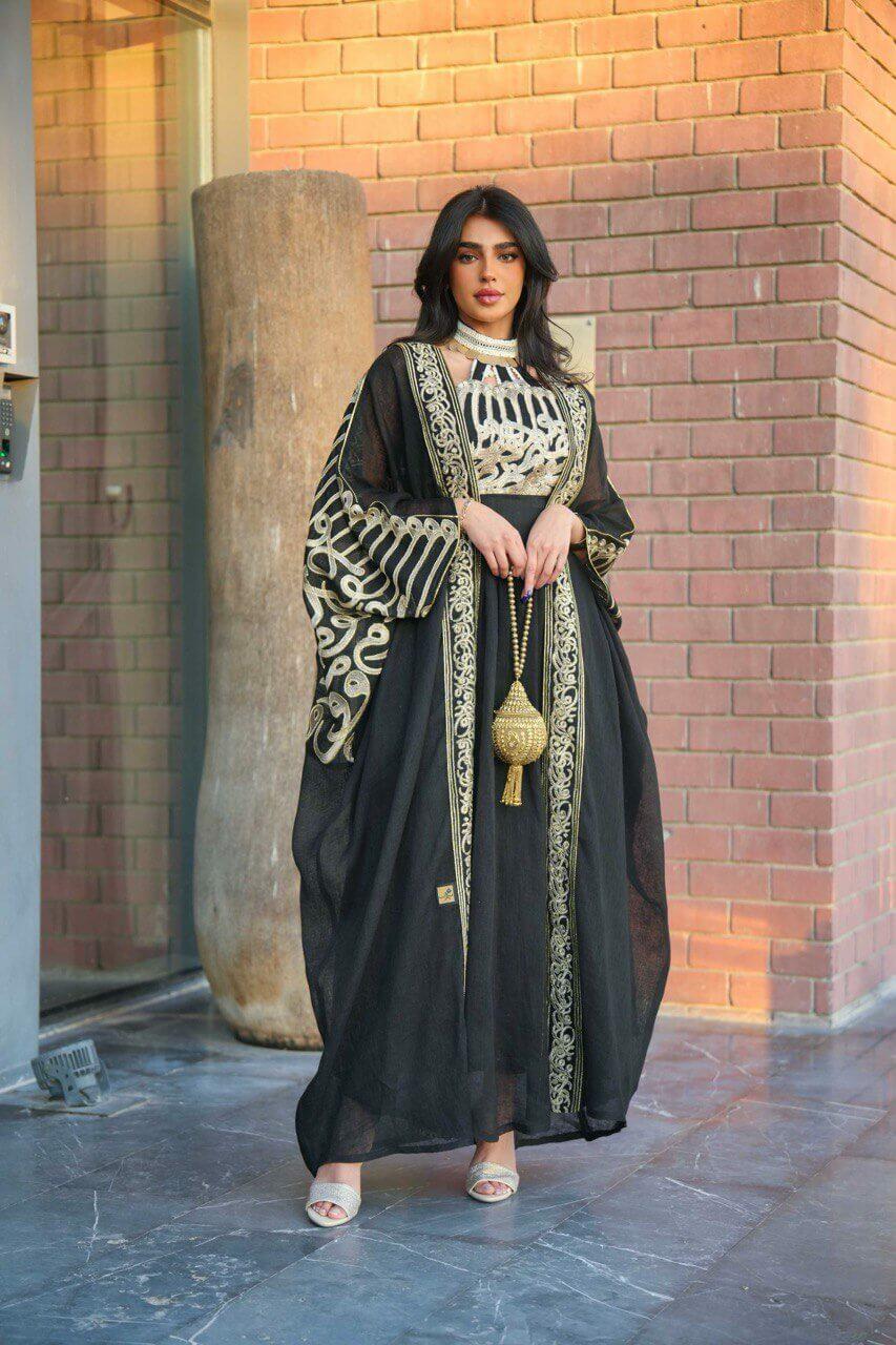 Black bisht abaya with black dress made of  burlap with letter embroidery image 0