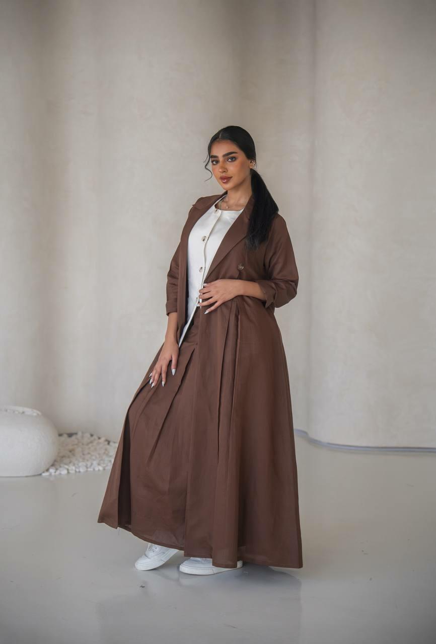 Brown linen blazer abaya with inner set  image 2