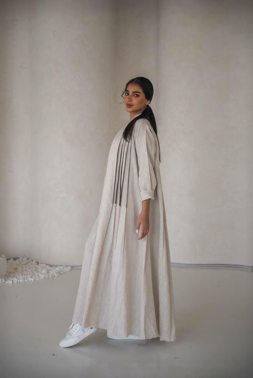 Beige linen abaya with inner set image 3