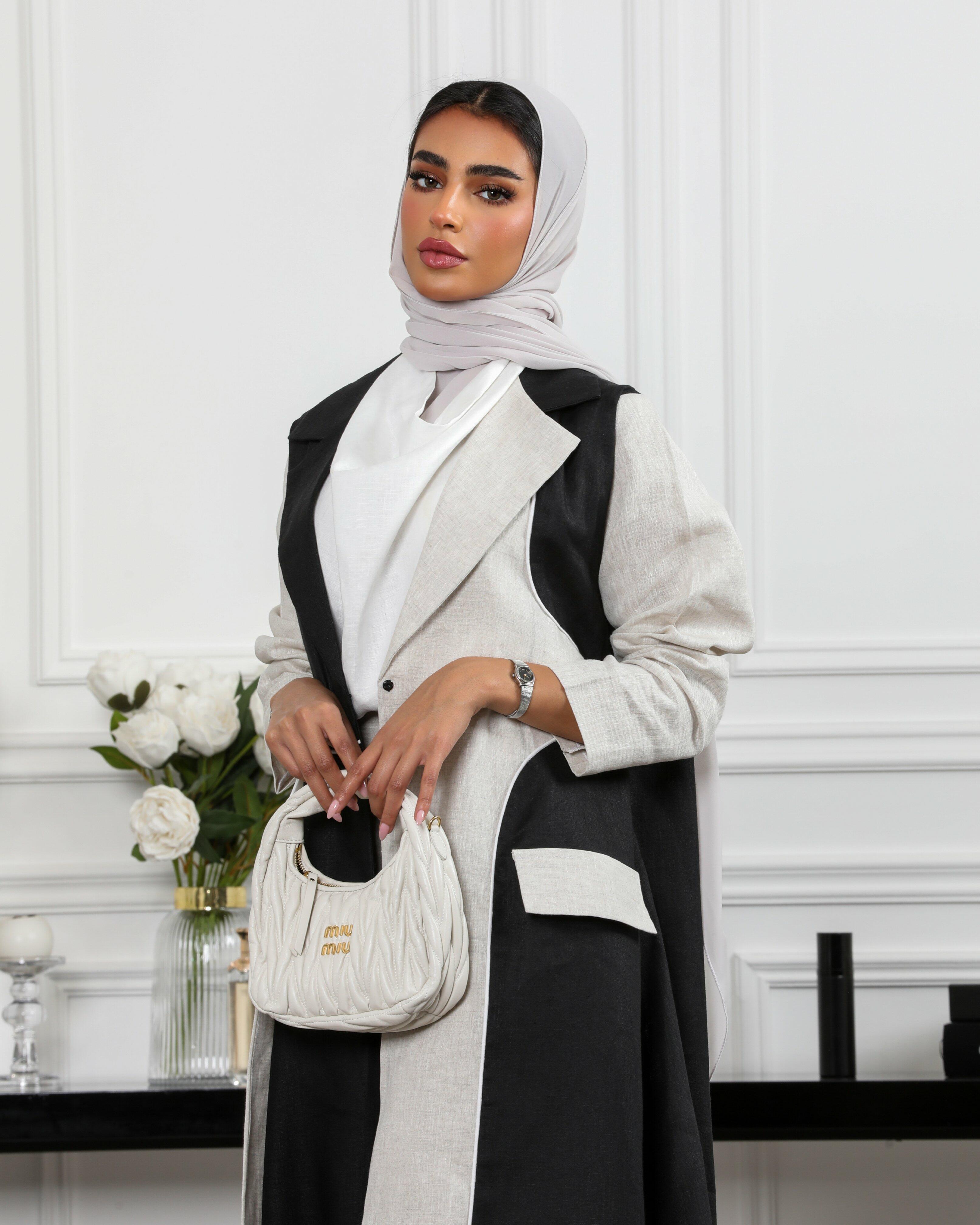 Black and beige linen blazer abaya image 2