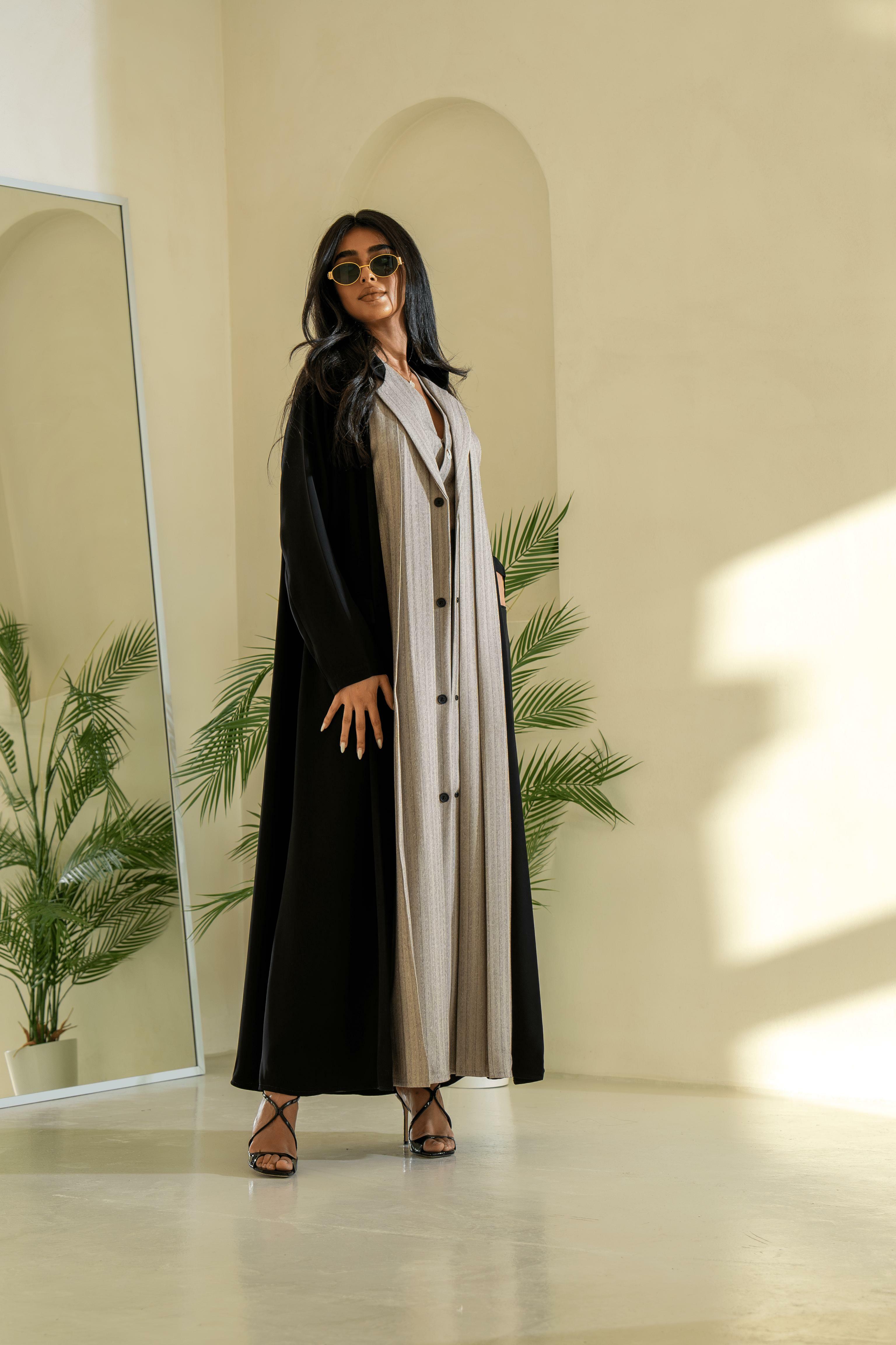 Black and beige striped blazer abaya  image 1