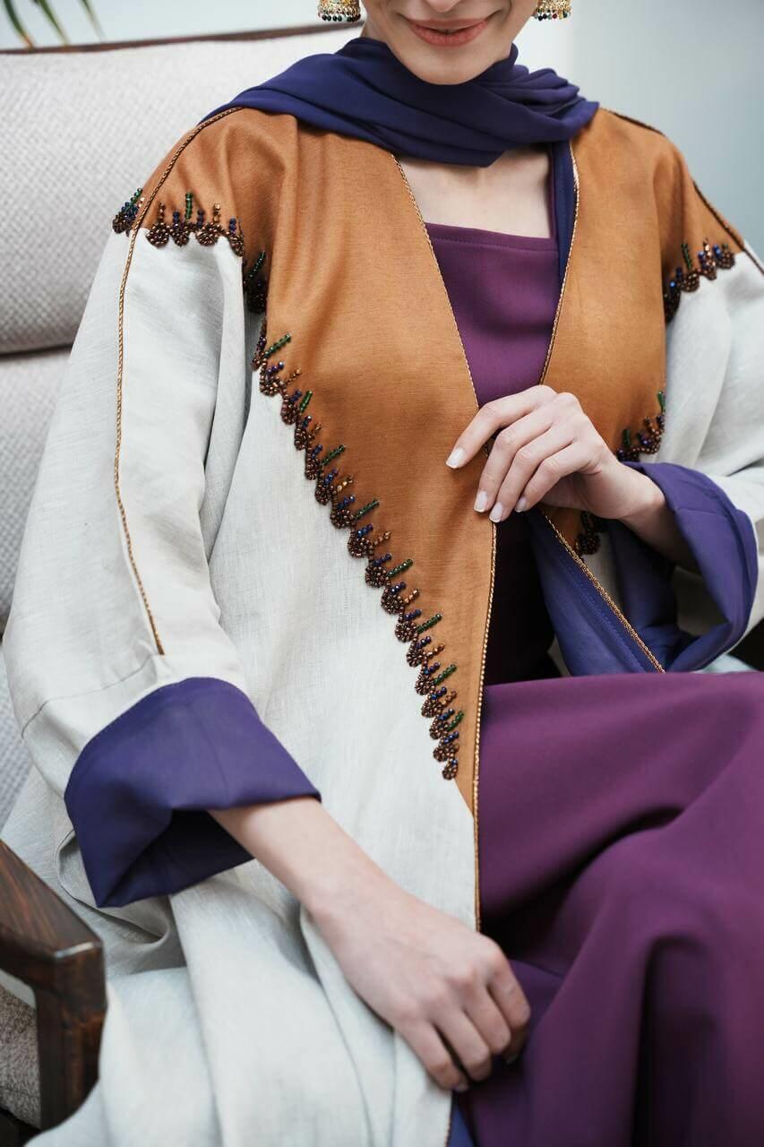 Light beige with a camel linen and satin abaya image 1
